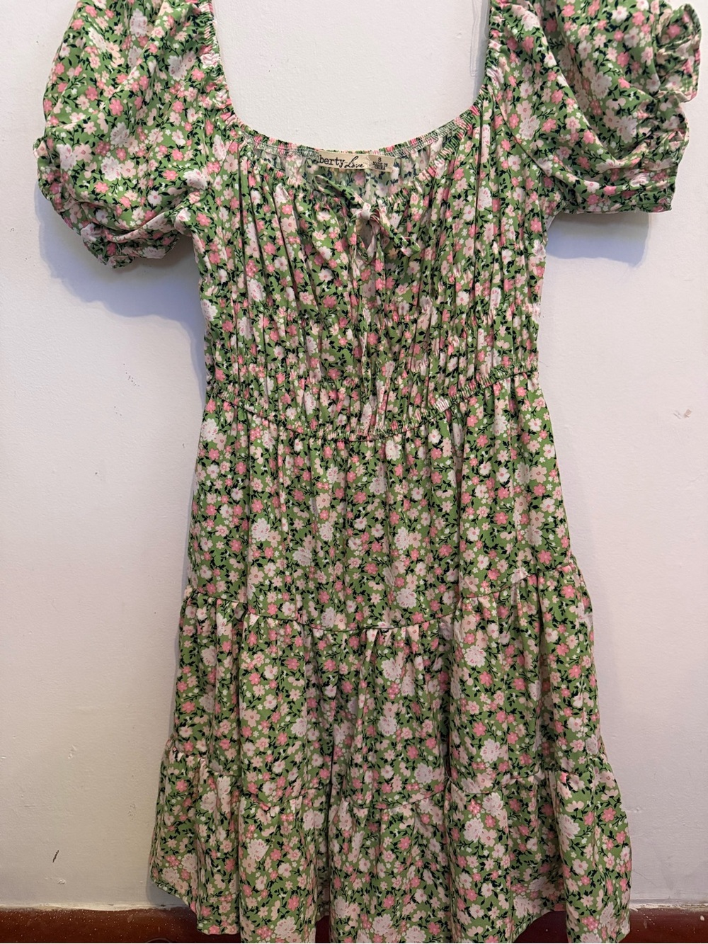 Liberty Love Green Pink Floral Puff-Sleeve Dress